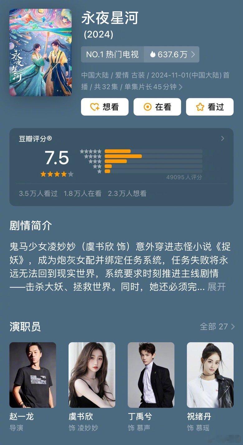 虞书欣丁禹兮《永夜星河》豆瓣开分7.5，高了还是低了～ ​​​