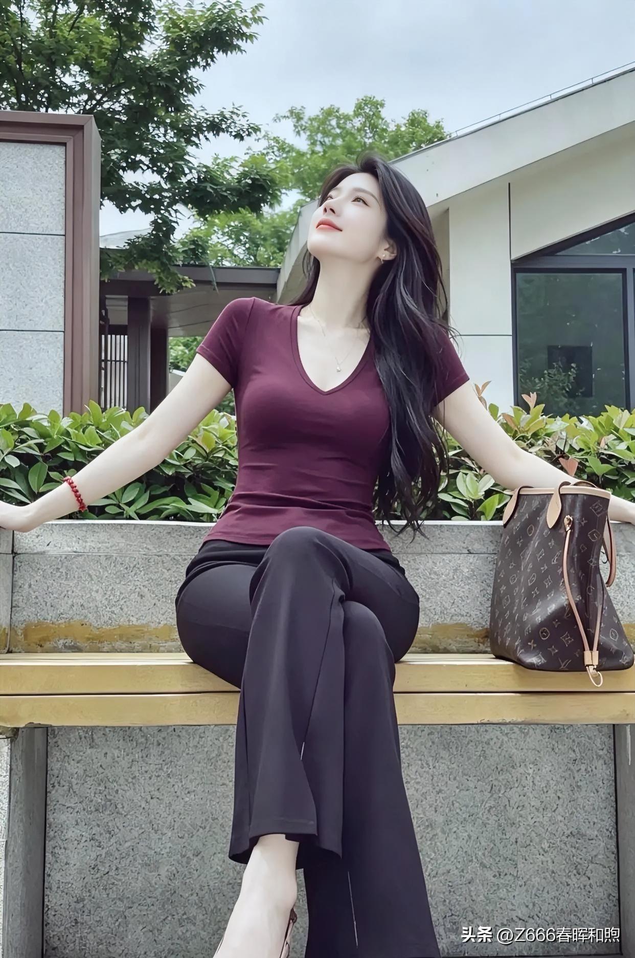深紫上衣勾勒曼妙身姿，阔腿裤舒展优雅气韵。长发如瀑，笑意盈然，于都市一隅，将闲适
