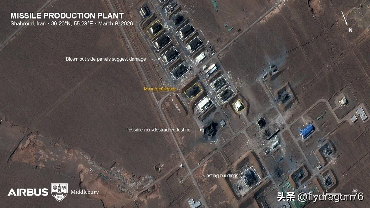 卫星图像显示，位于沙赫鲁德的伊朗导弹工厂已被摧毁——图片来自萨姆·莱尔。

该工
