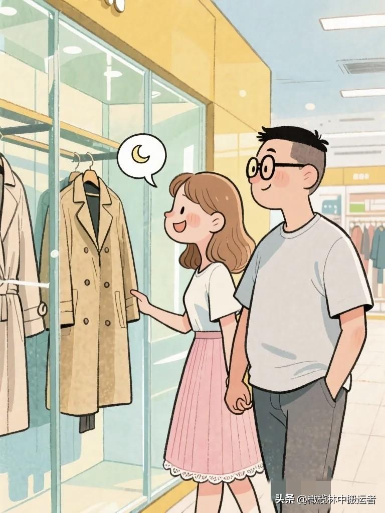 搞笑漫画：老婆拉老公在一件大衣面前站了十分钟。老公询问：“买吗？”老婆：“有点贵