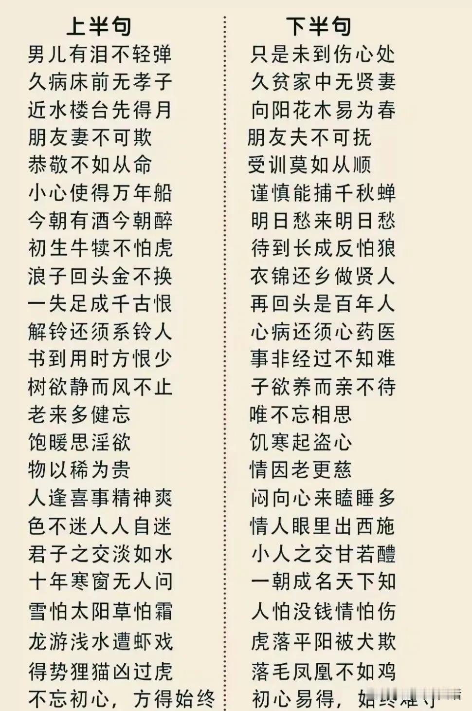 想不到这些名言还有下半句

男儿有泪不轻弹，只是未到伤心处。
久病床前无孝子，久