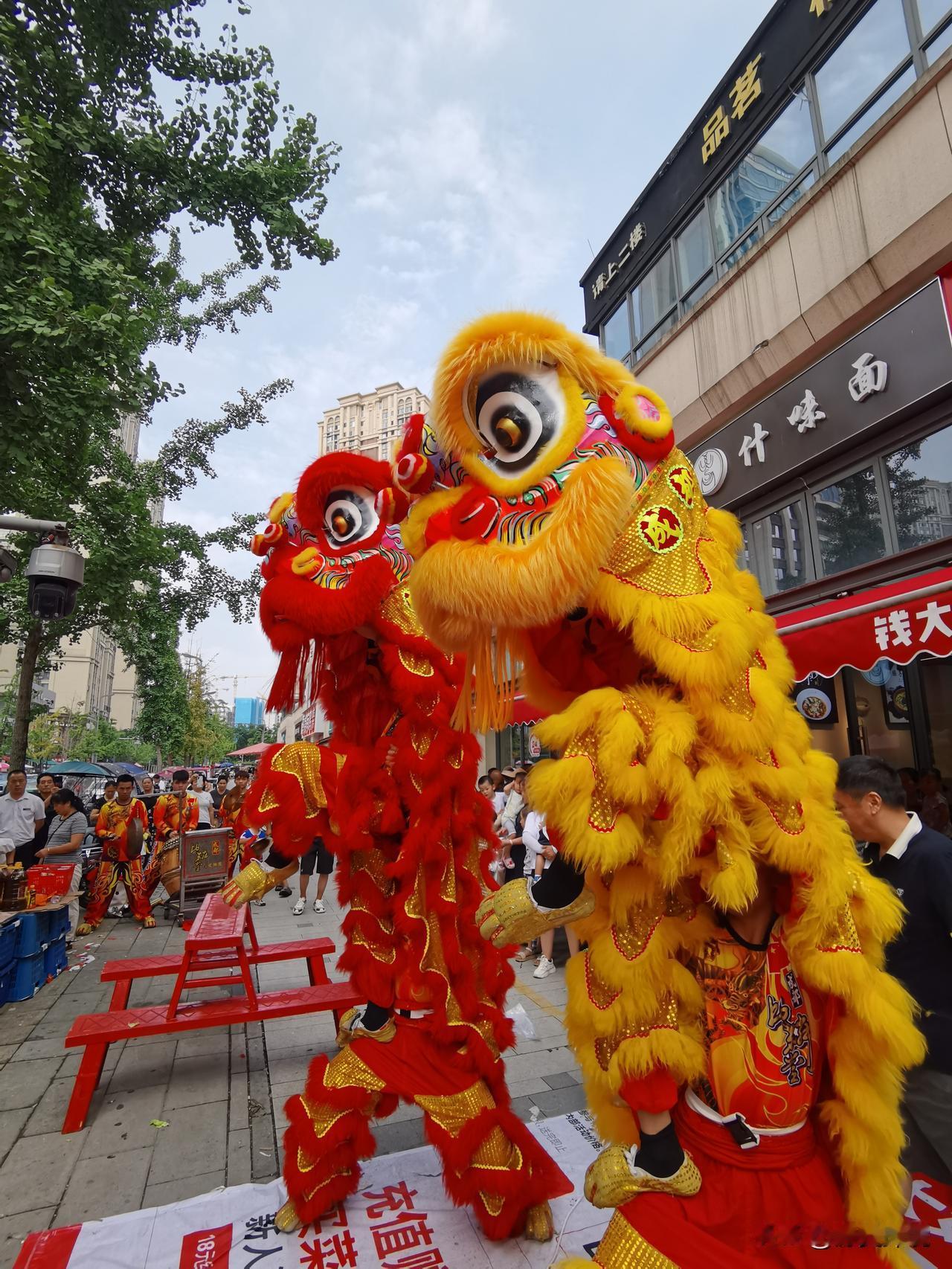 开业庆典中的舞狮表演

在闹市中，锣鼓喧天，鞭炮齐鸣。原来是一家超市开业。请舞狮
