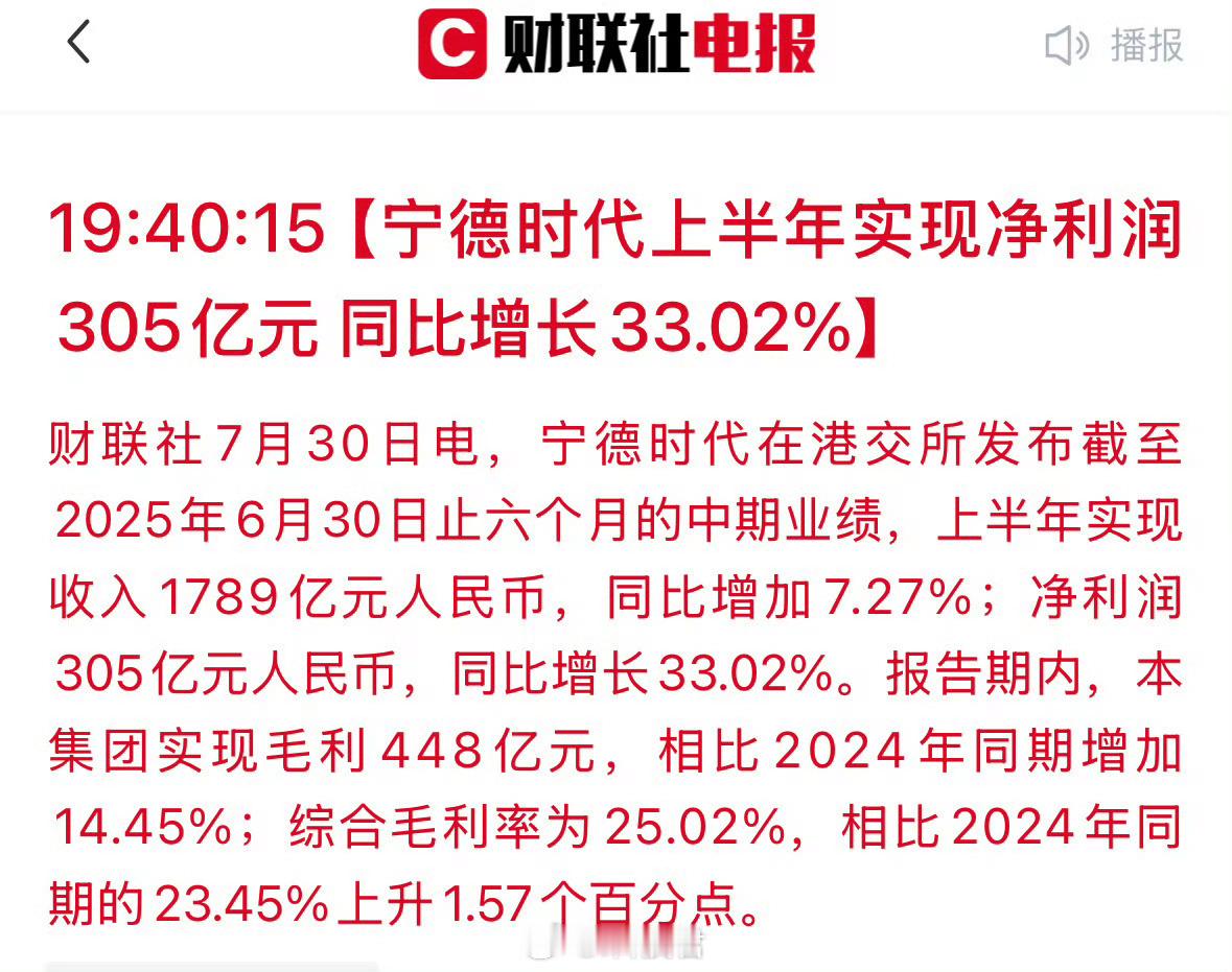 宁德时代上半年净利润同比增长33.02%至305 亿，毛利率 25.02%，超过