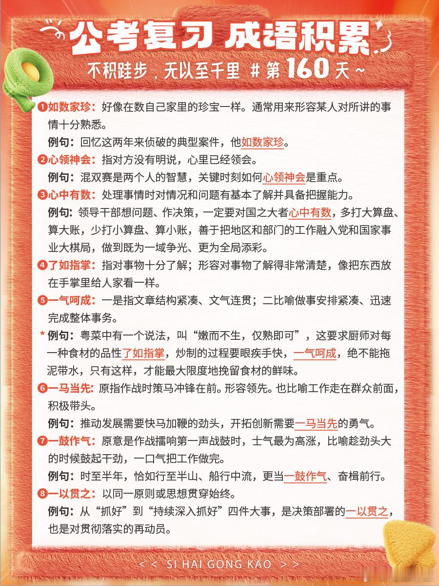 成语积累第160天如数家珍 心领神会 心中有数 了如指掌一气呵成 一马当先 一鼓