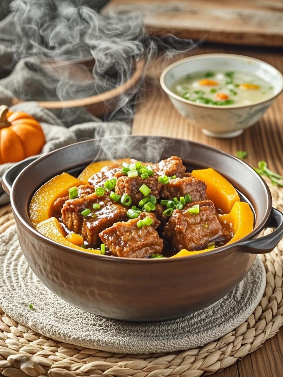 今日美食必须晒一晒！做了南瓜蒸排骨和三鲜菌菇汤，太满足了。
南瓜蒸排骨做法简单又