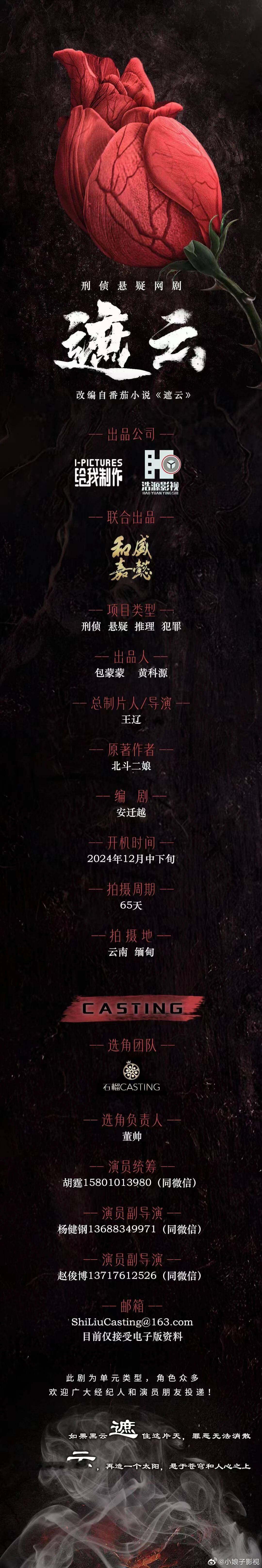 刑侦悬疑网剧《遮云》2024年12月中下旬开机并招募演员（详细组讯如图）改编自番