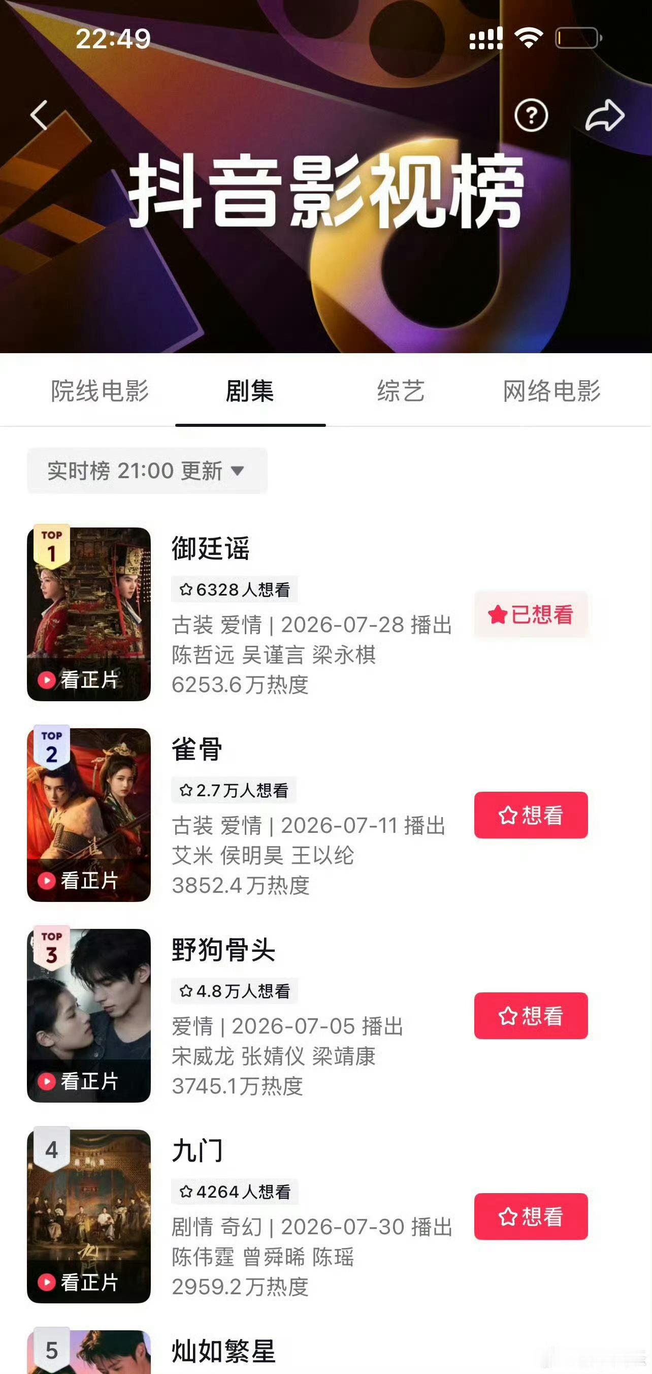 陈哲远、吴谨言《御廷谣》空降播出，次日就全面登顶，🫘剧集榜、角色榜、猫眼、酷云