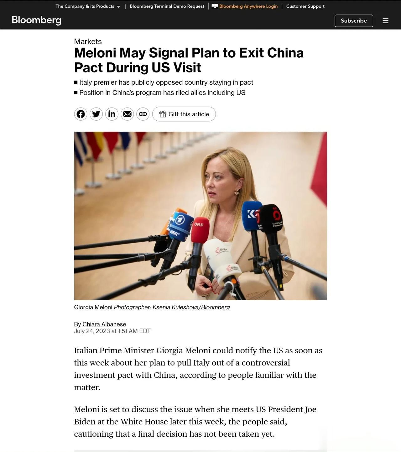为了取悦美国不惜伤害本国经济，意大利总理乔治娅·梅洛尼最早可能在本周通知美国，她