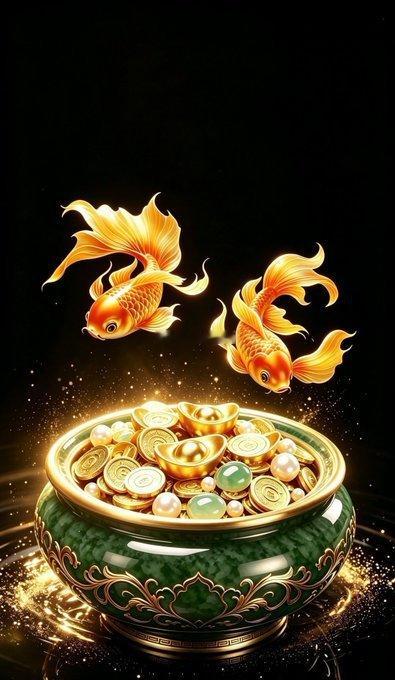 金鲤凌空映金光，铜钱元宝落满堂；宝盆纳福财源旺，岁岁增收运势昌 