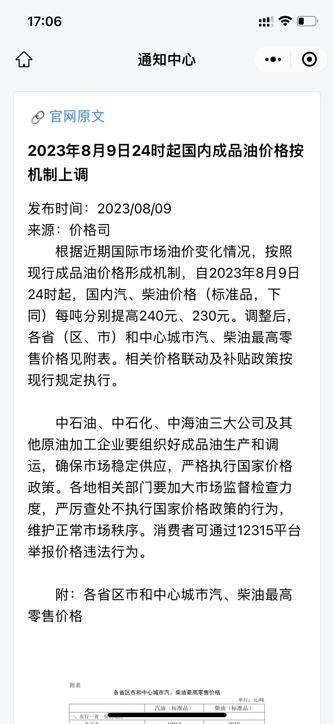 写了一个小程序，可以监测油价变动，
最新油价调整公告发布了，油价四连涨，
很多省