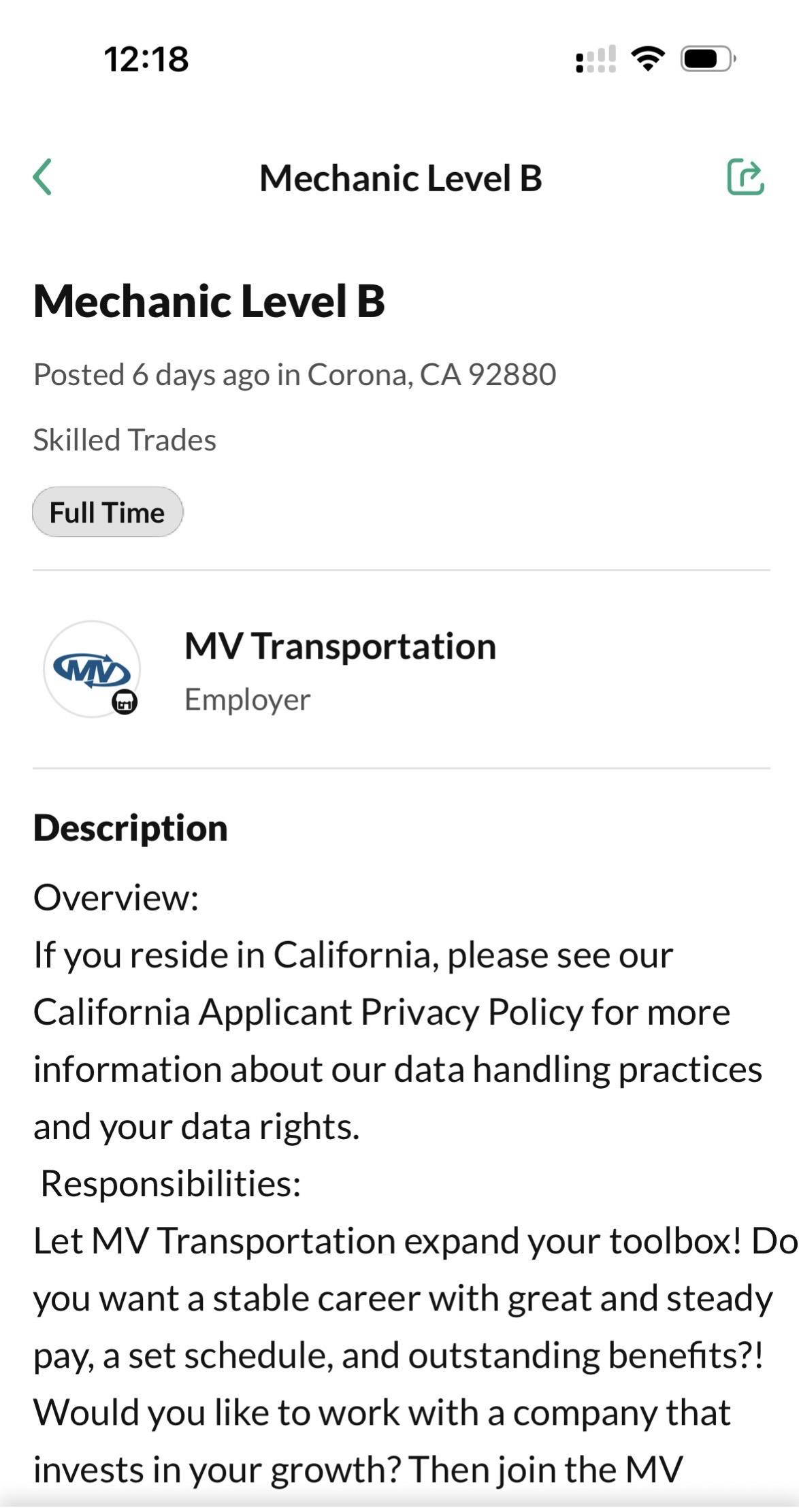 加州科罗娜的MV Transportation在招汽修工：
起薪只有$33每小时