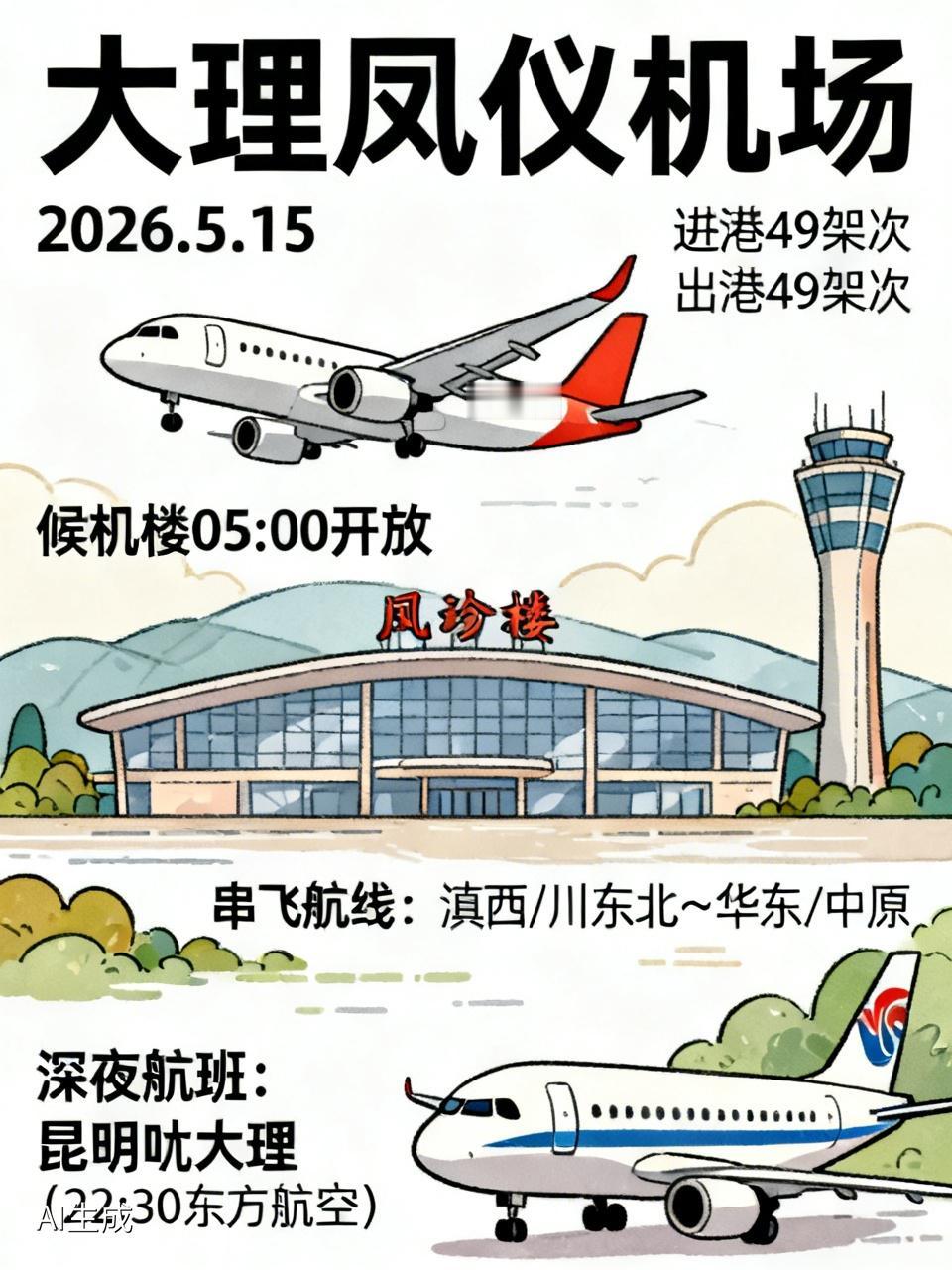 🛫2026年5月15日，大理凤仪机场有49架次进港航班和49架次出港航班。这天