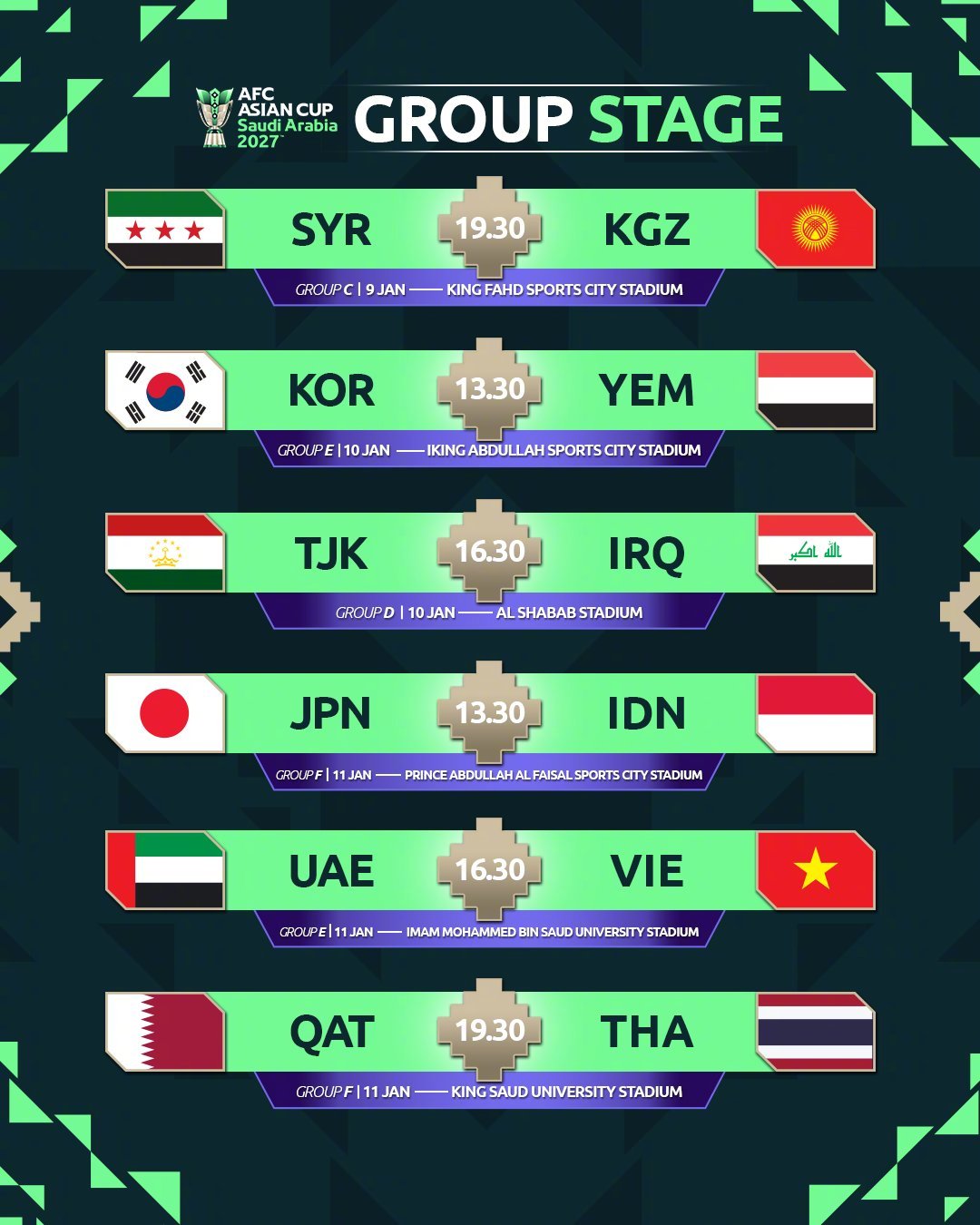 2027沙特亚洲杯小组赛赛程正式发布🇮🇷伊朗 vs 中国🇨🇳📅 1月9