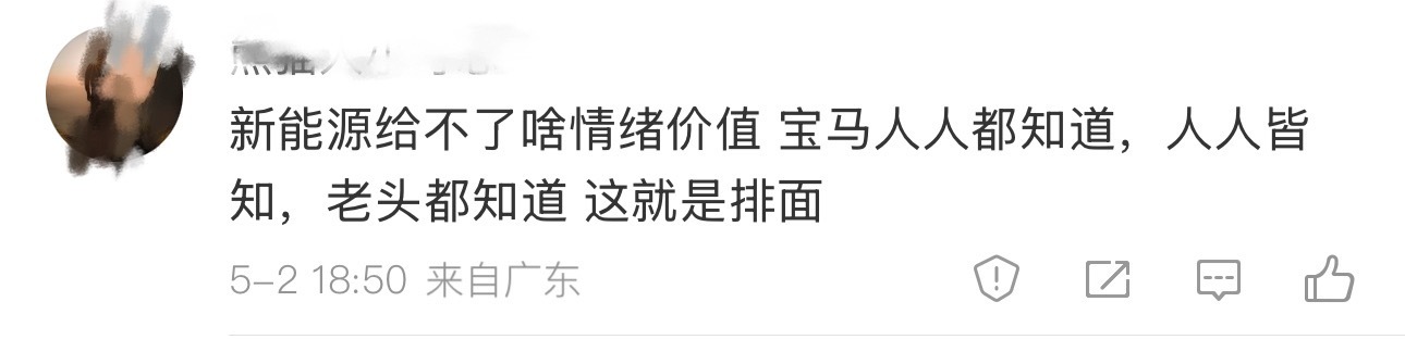 他说：新能源汽车给不了情绪价值，宝马人人知道，老头都知道，这就是排面[摊手]谁赞
