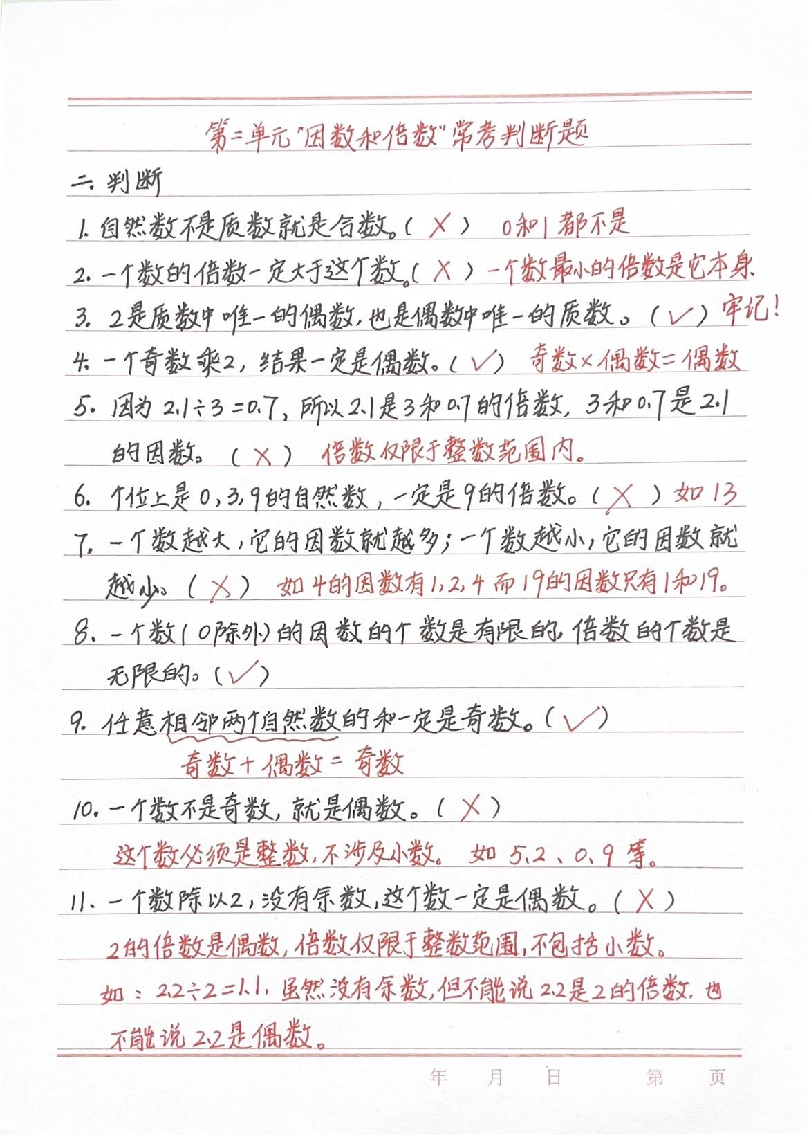 五下数学第二单元常考的判断题，因数倍数奇数偶数质数合数，家长点赞收藏起来吧