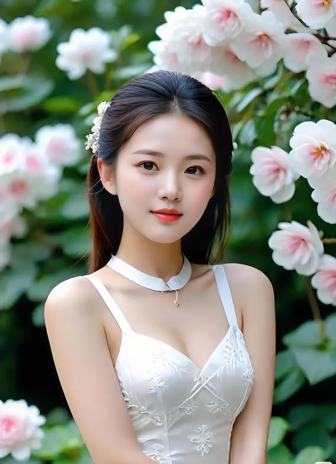 优雅白裙少女，花海中的梦幻仙子