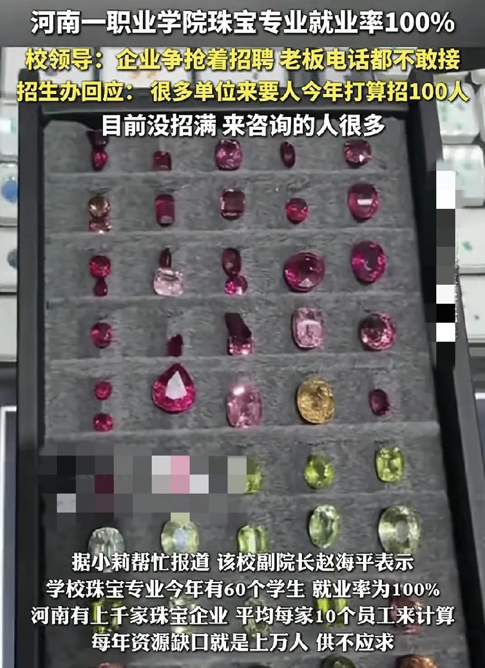 河南一职业学院珠宝专业就业率100%，每年毕业季很多企业都过来学校要人，学校的校