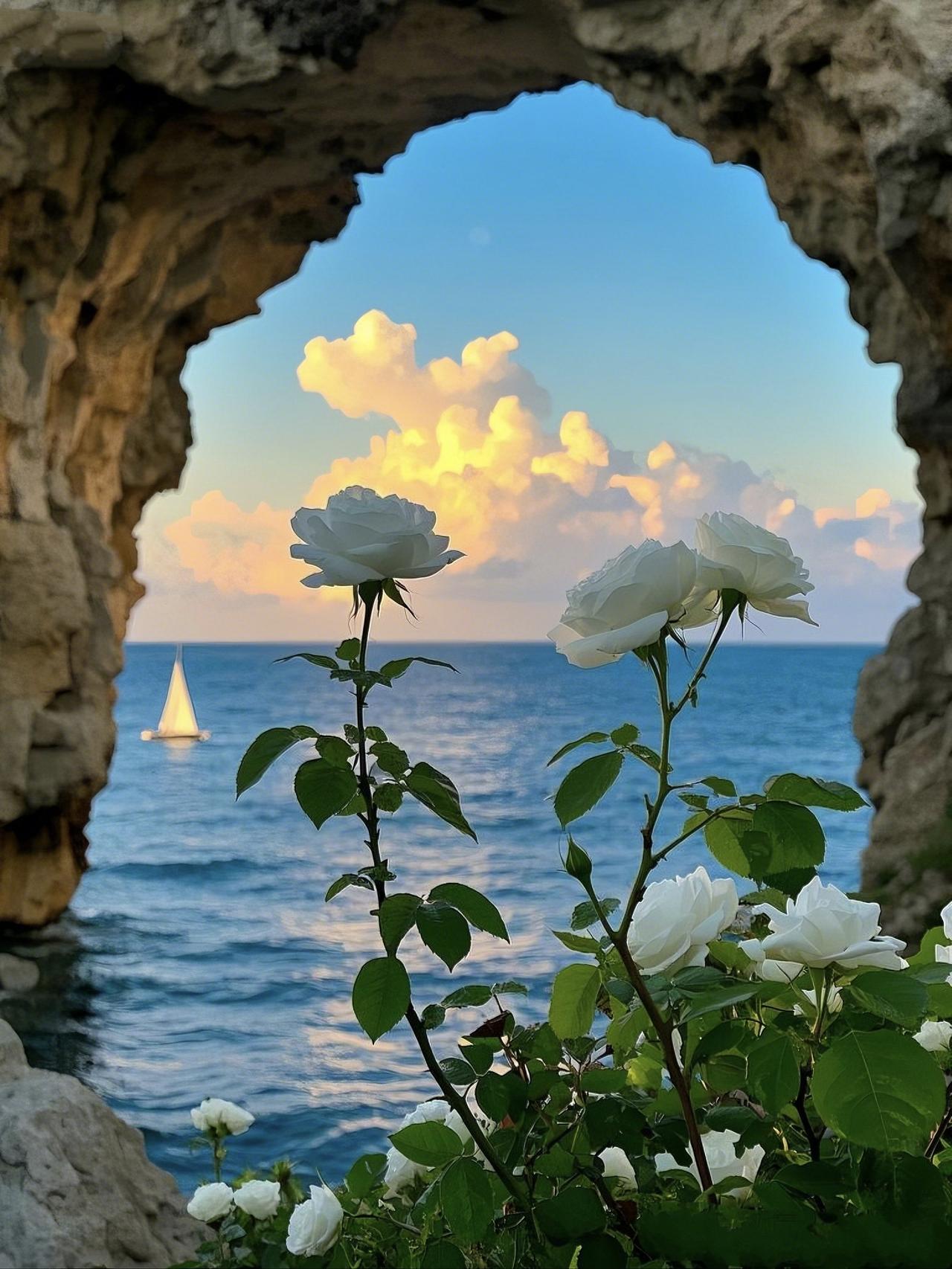 《洞窗观海》
 
石拱为框，裁一片海天辽阔，
白玫瑰在崖边，静听浪的脉搏。
云被