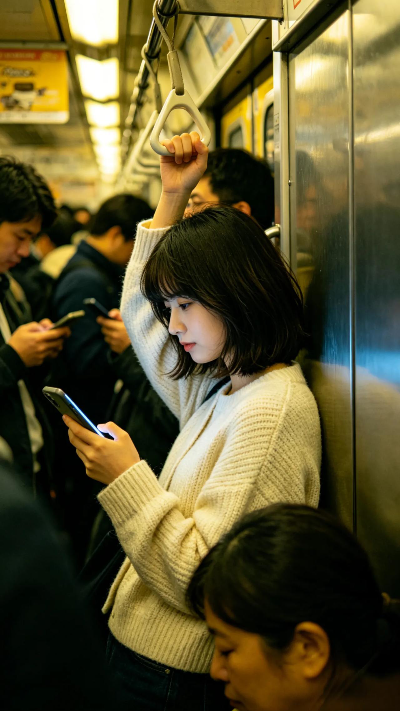傍晚，地铁里挤满了下班的人。
 
车厢拥挤嘈杂，所有人都垂着头，沉浸在手机溢出的