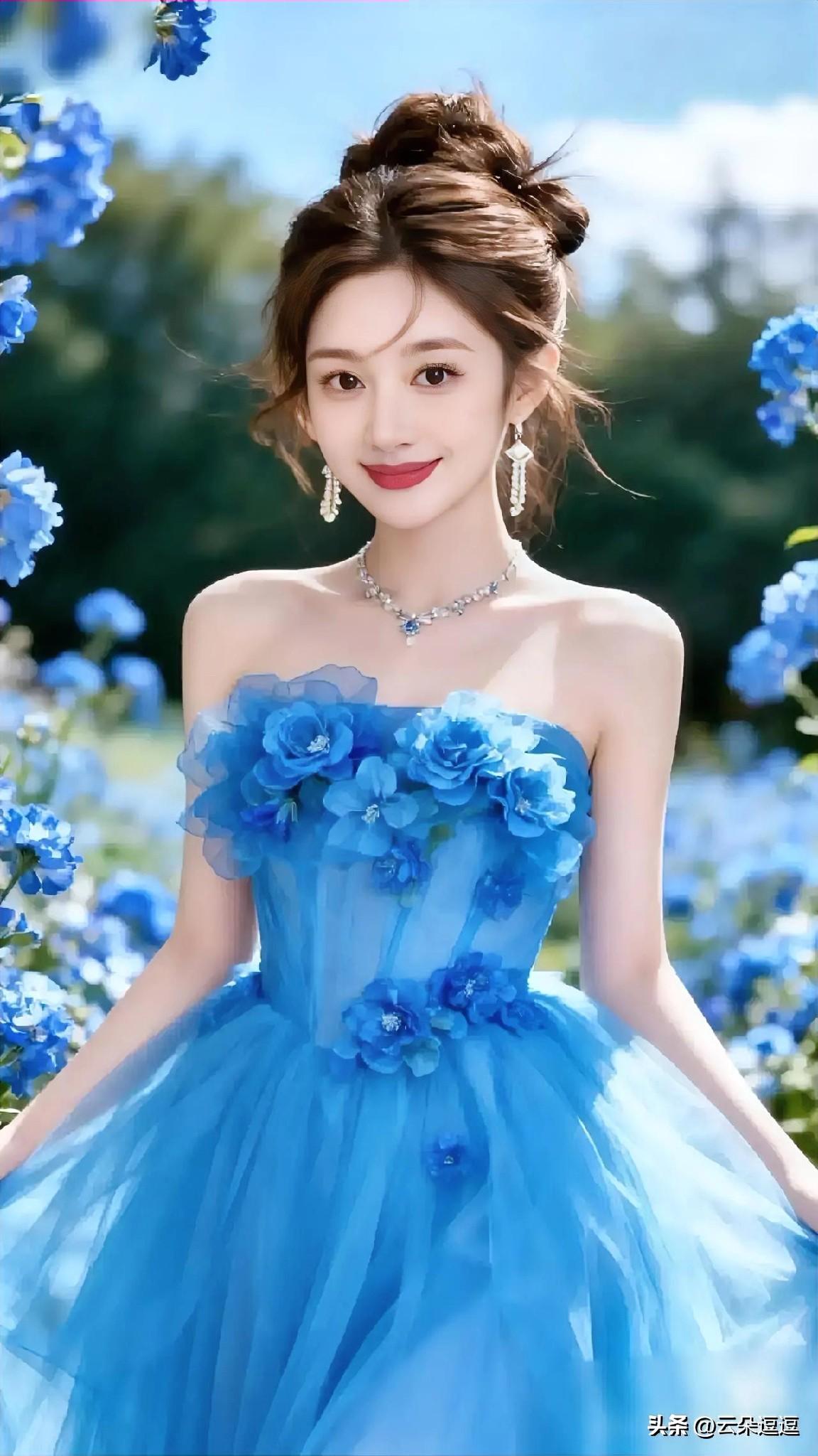 梦幻蓝裙花海中，仙气飘飘的少女
