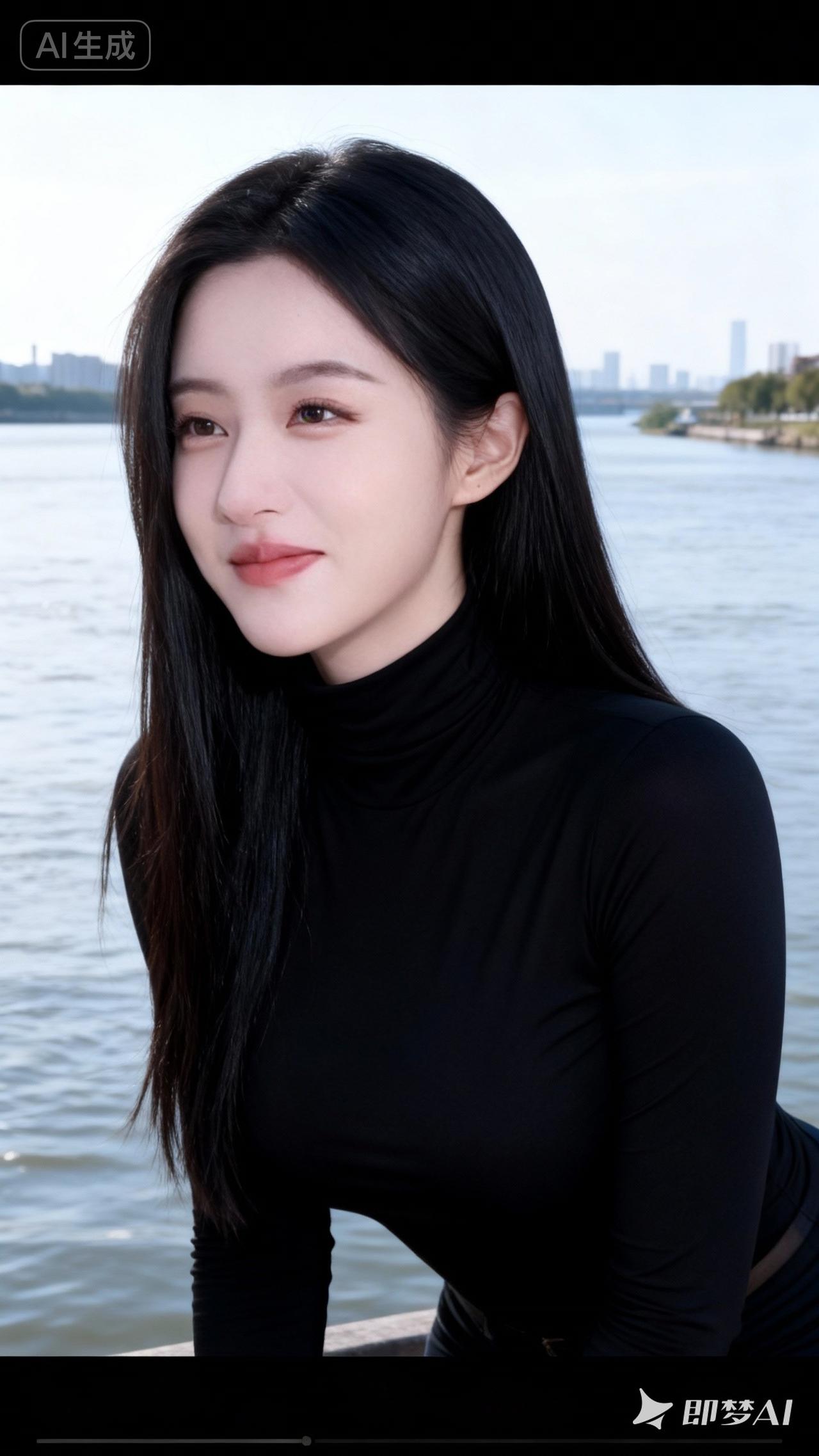 黑衣少女倚水而立，静谧如画