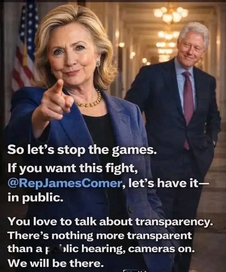 克林顿夫妇请求对公开听证会作证进行全程直播，然而众议员詹姆斯·科默称不会应允他们