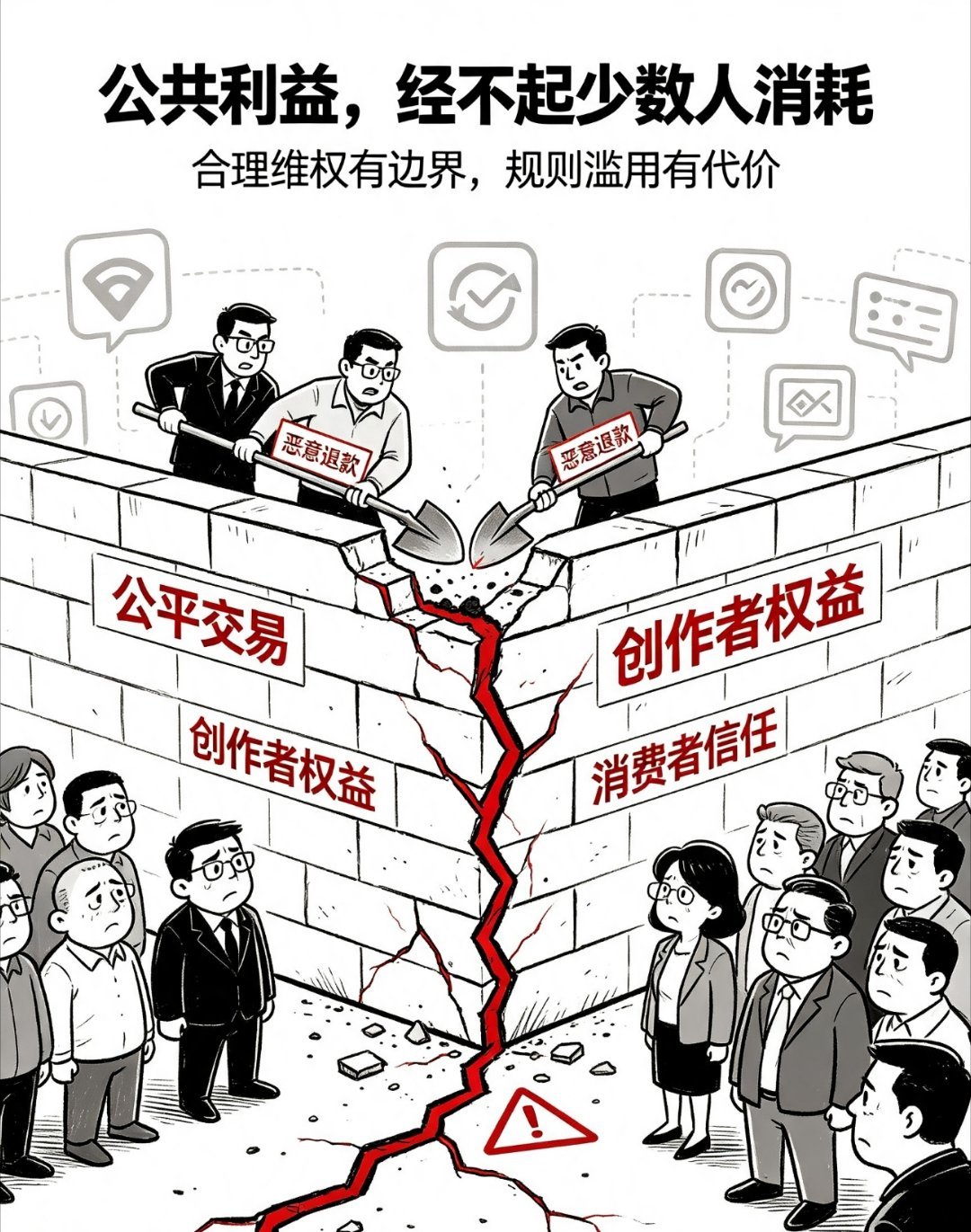 少数人恶意退款损害的是公众利益借着平台规则恶意退款，白白消耗创作者与商家的心血，