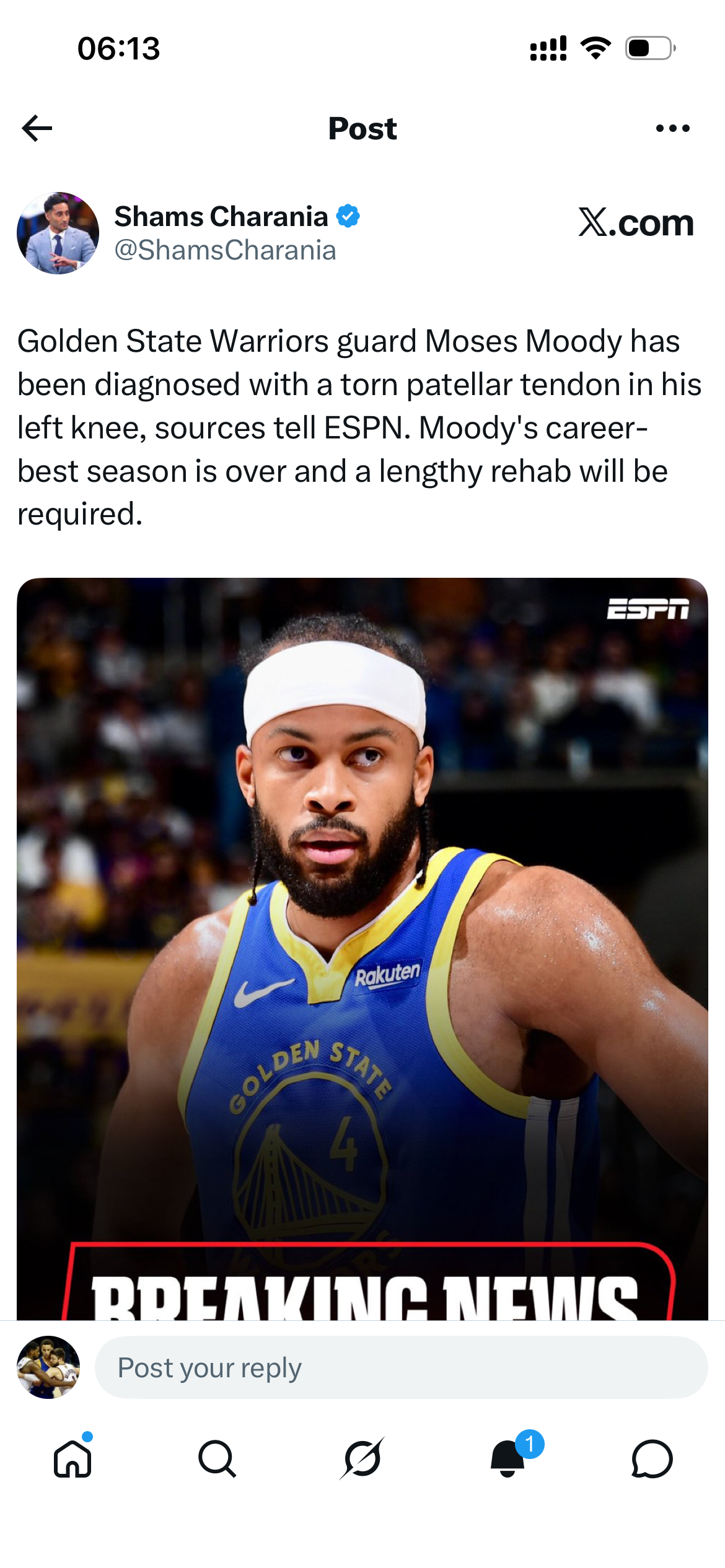 Shams：金州勇士队后卫摩西·穆迪被诊断出左膝髌骨肌腱撕裂。穆迪职业生涯最好的