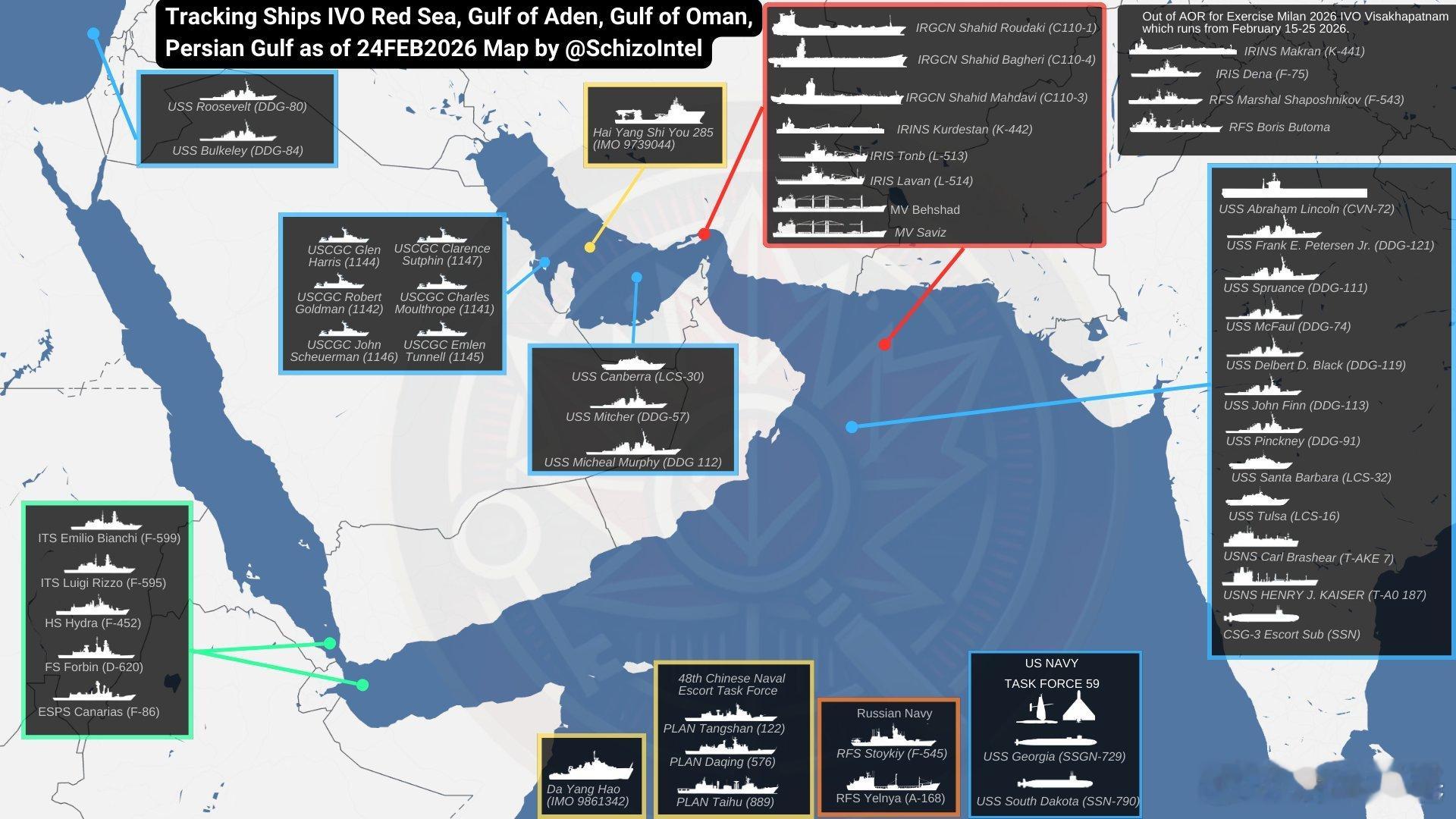 截止2月24日，红海、阿曼湾、亚丁湾、波斯湾和阿拉伯海的美军舰艇没有什么变化来源