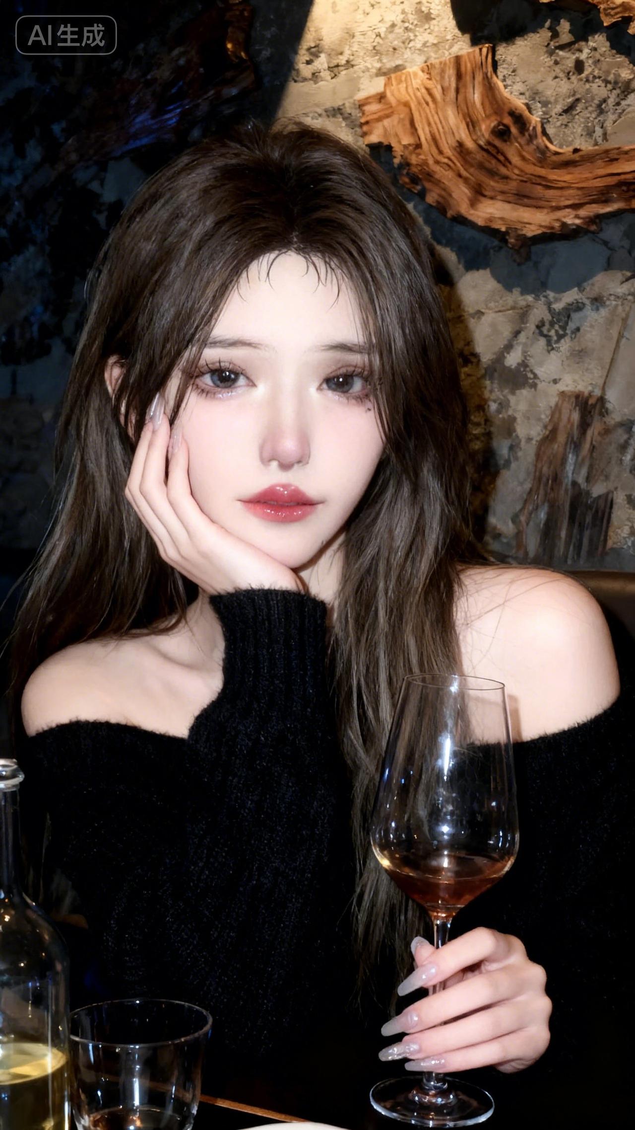 小淘夜色漫过吧台，高脚杯里的酒液泛着暖光。她托着脸颊望向镜头，微醺的灯光把长发揉