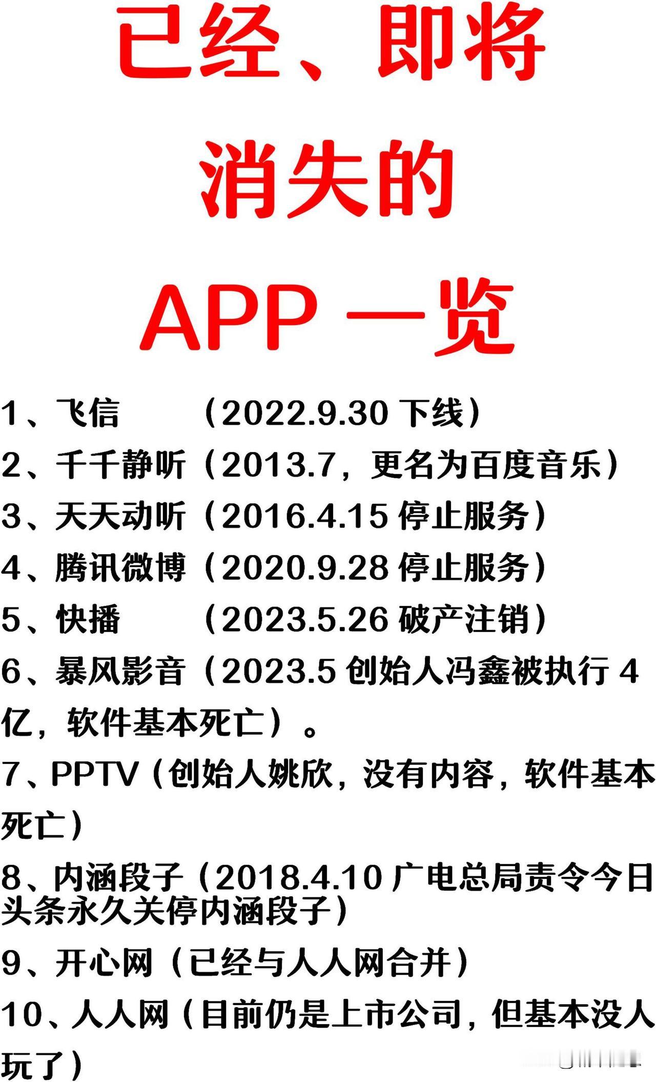 快播：2023年彻底破产；
飞信：2022年正式下线；
腾讯微博：2020年停止