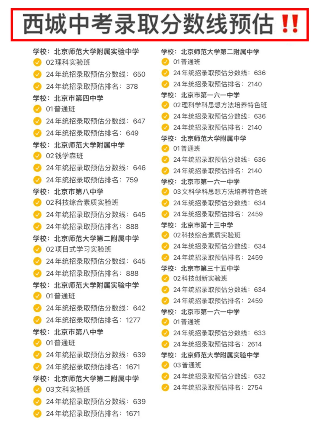 西城中考录取分数线预估‼️