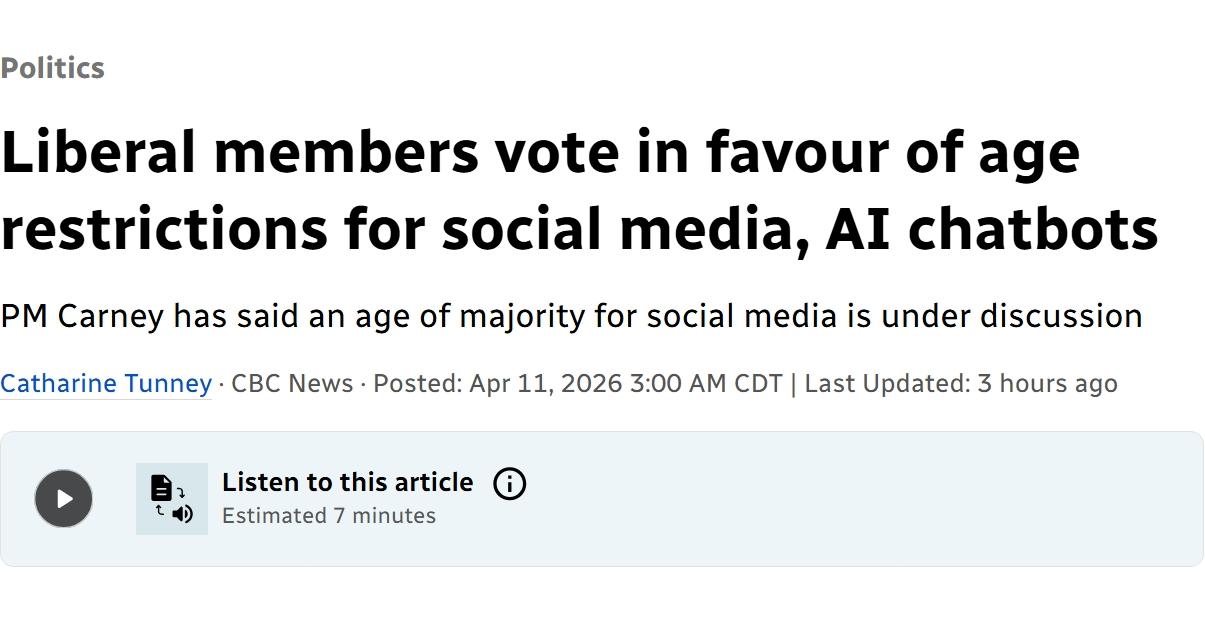 加拿大准备立法对社交媒体和人工智能聊天机器人的年龄进行限制
当地时间周六，在加拿
