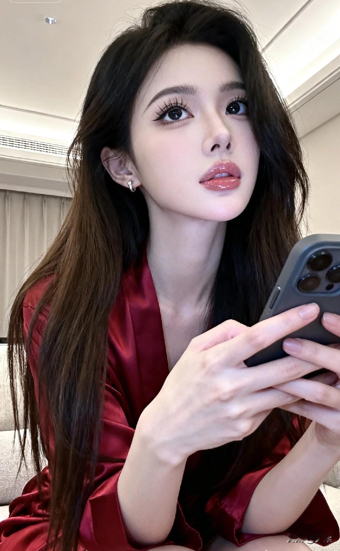 红衣美人，手机相伴，优雅自拍