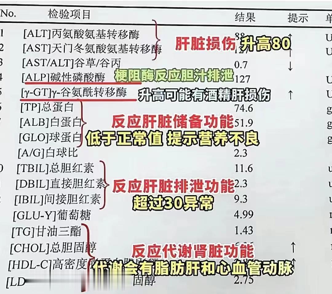 肝病患者拿到肝功能检查单可以对照看图，看看是哪项异常？