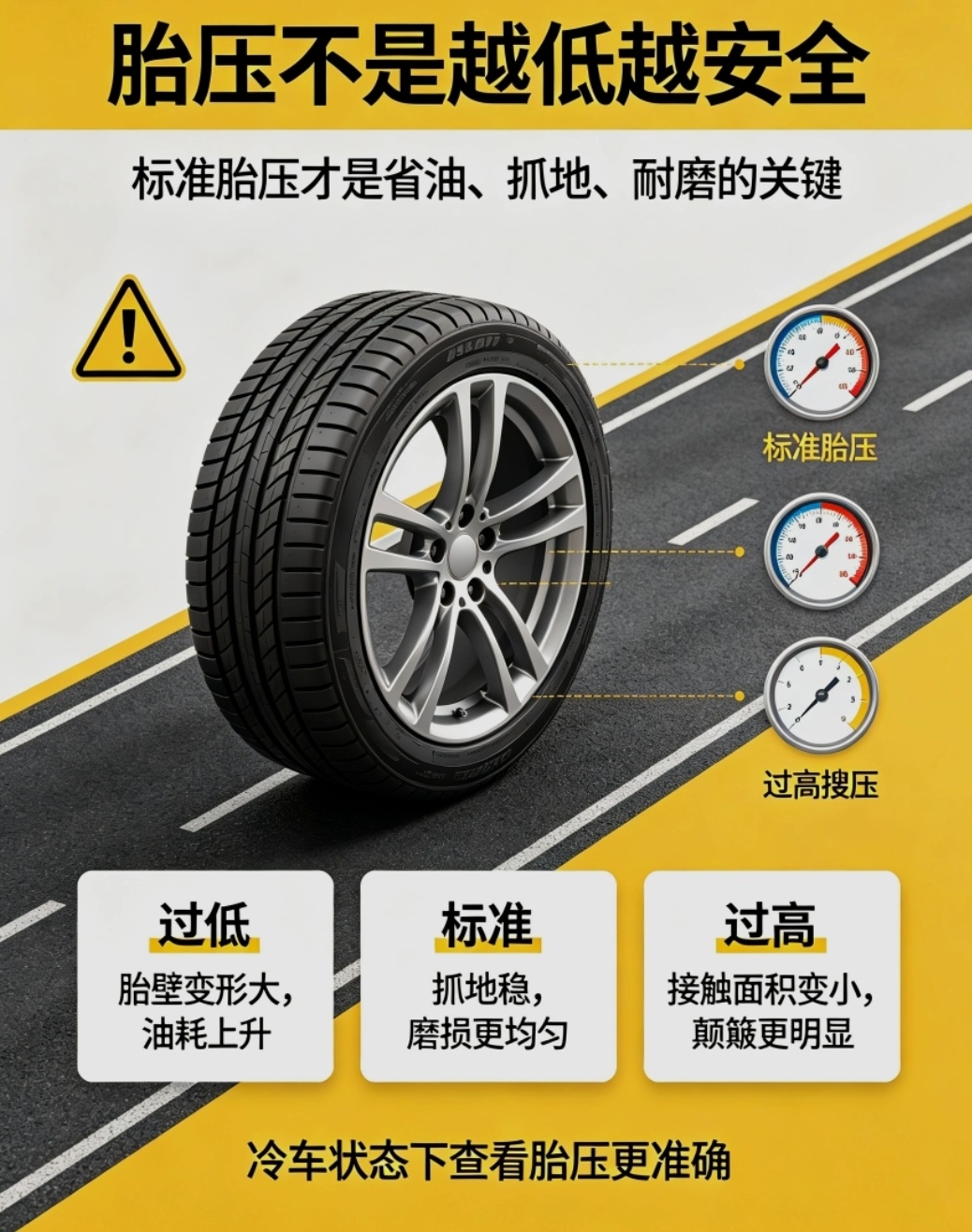 太低会增加胎壁变形和油耗，太高又会让接地面积变小、颠簸更明显。日常用车，按车门框