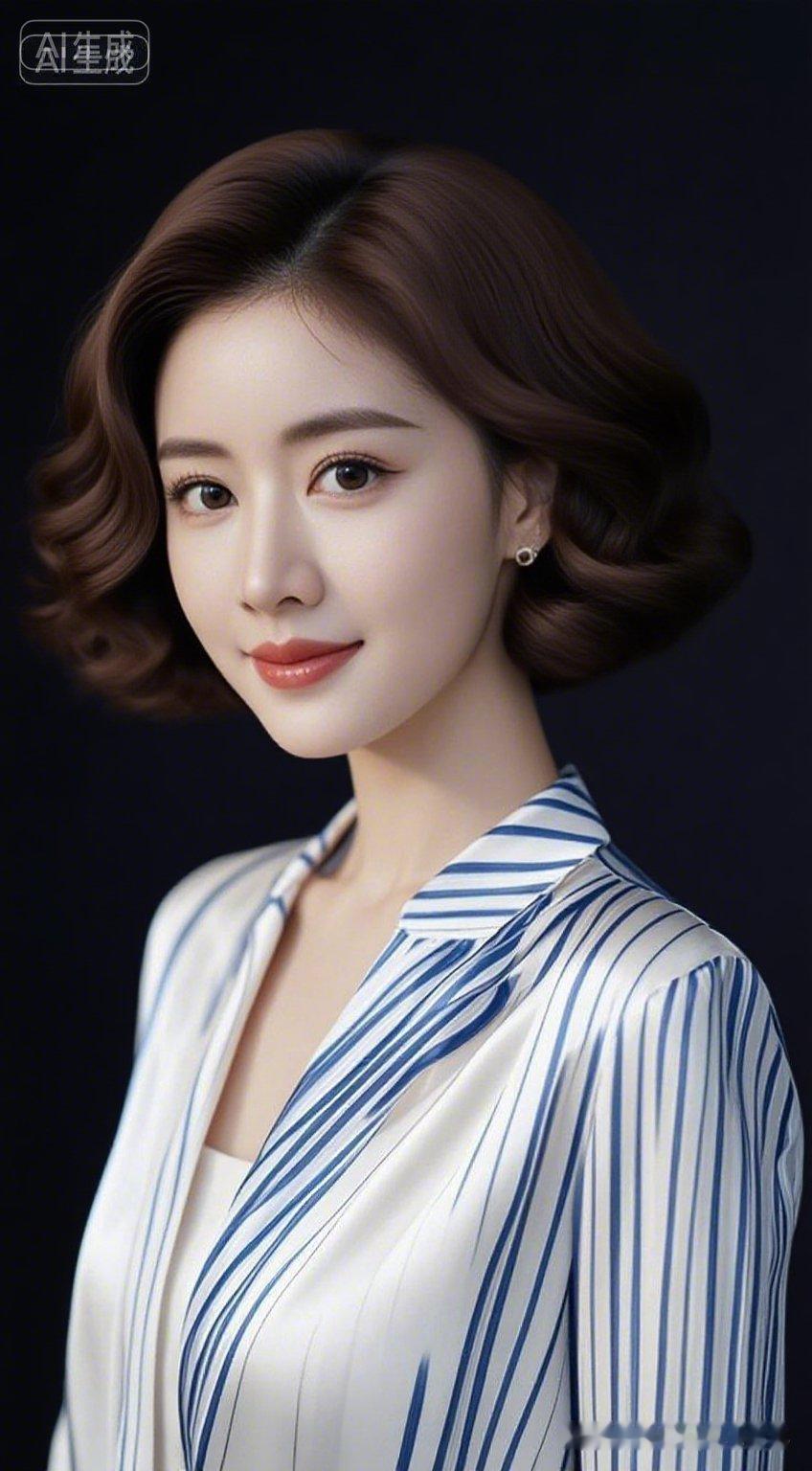 棕黑色齐耳微卷短发，大眼双眼皮高鼻梁，气质冷艳高级。身着时尚品牌，搭配精致饰品，