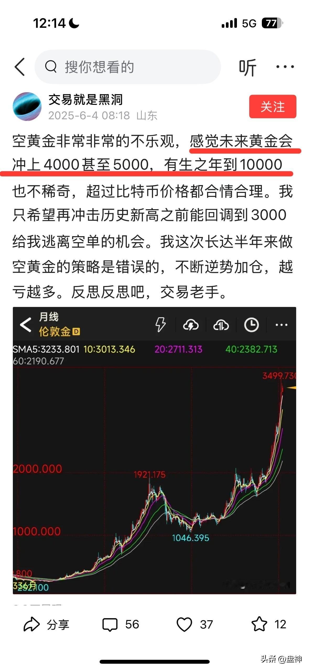 洞哥做空又失望了！已经严重怀疑做空黄金的策略是错的。我会经常反问自己；高位的黄金