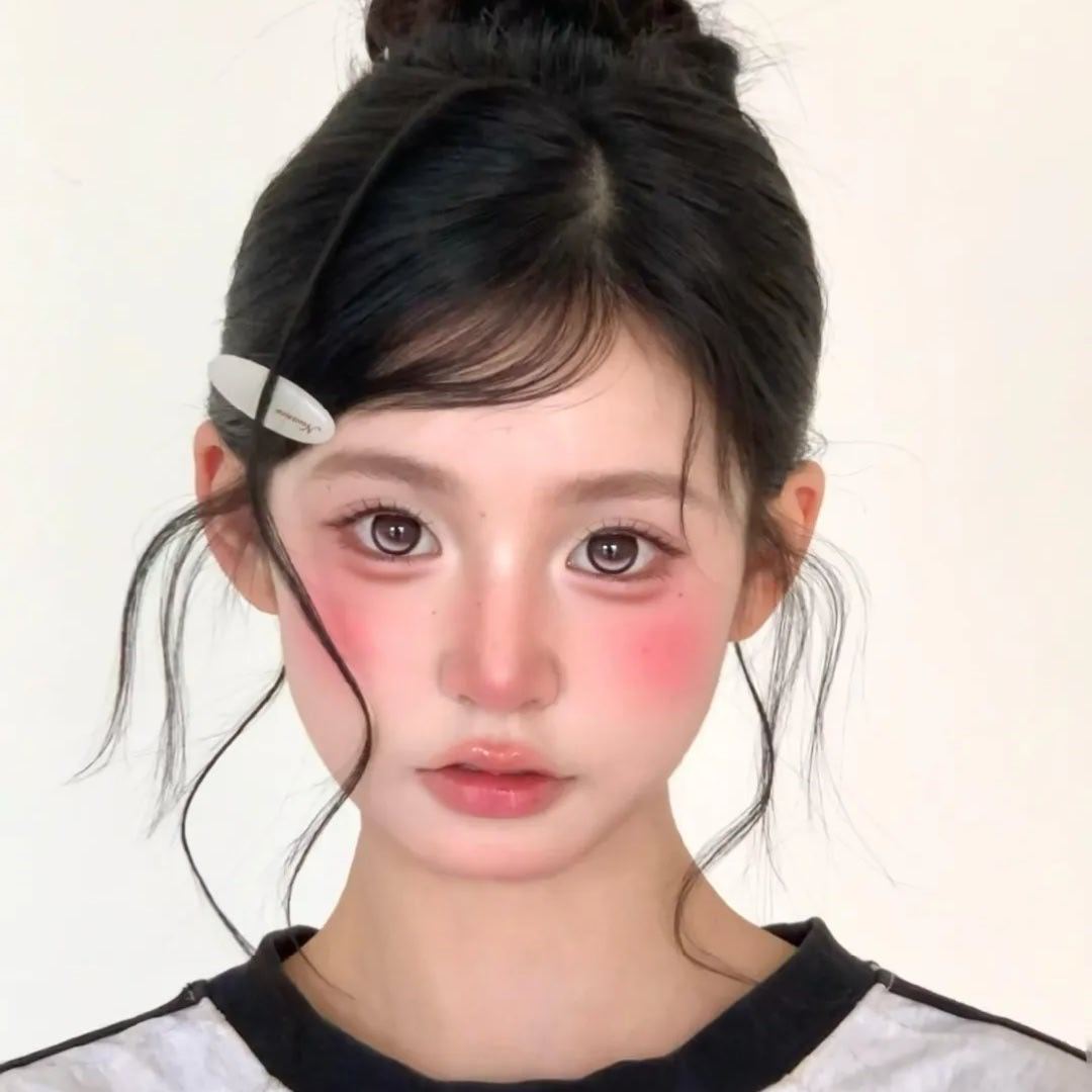 元气粉调团状腮红甜妹妆，清透自然的淡粉眼妆柔和消肿，搭配纤长睫毛放大双眼，大面积