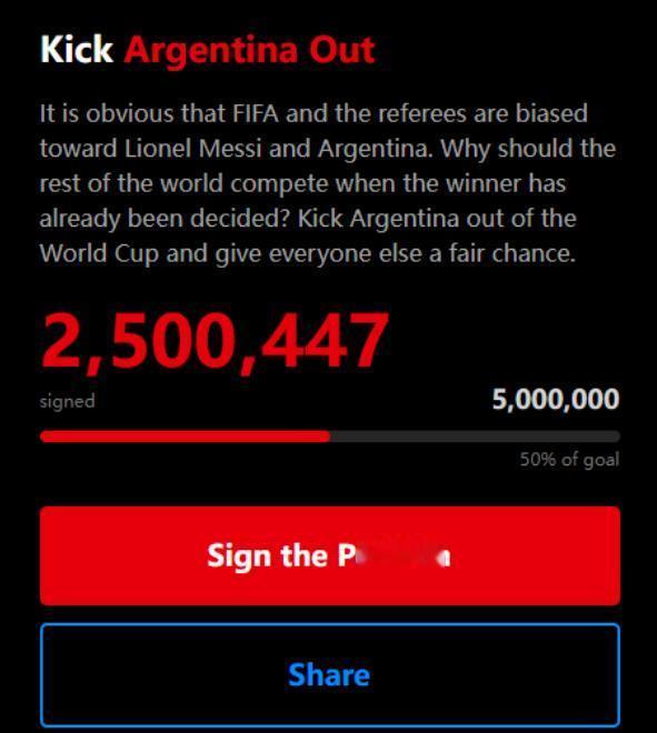 超250万人请愿将阿根廷逐出世界杯 听说是有人搞了个argentinaout.c