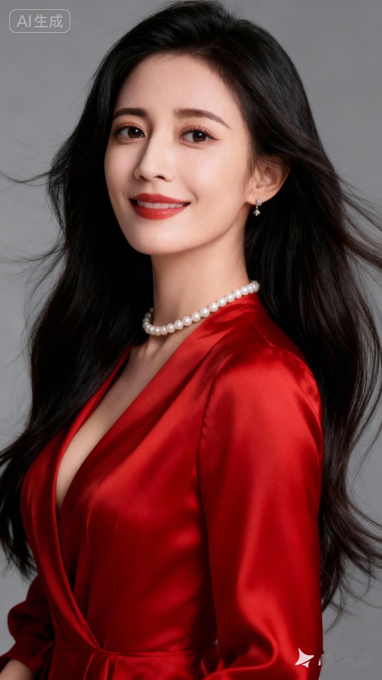 优雅红衣美人，珍珠项链点缀，尽显高贵气质！