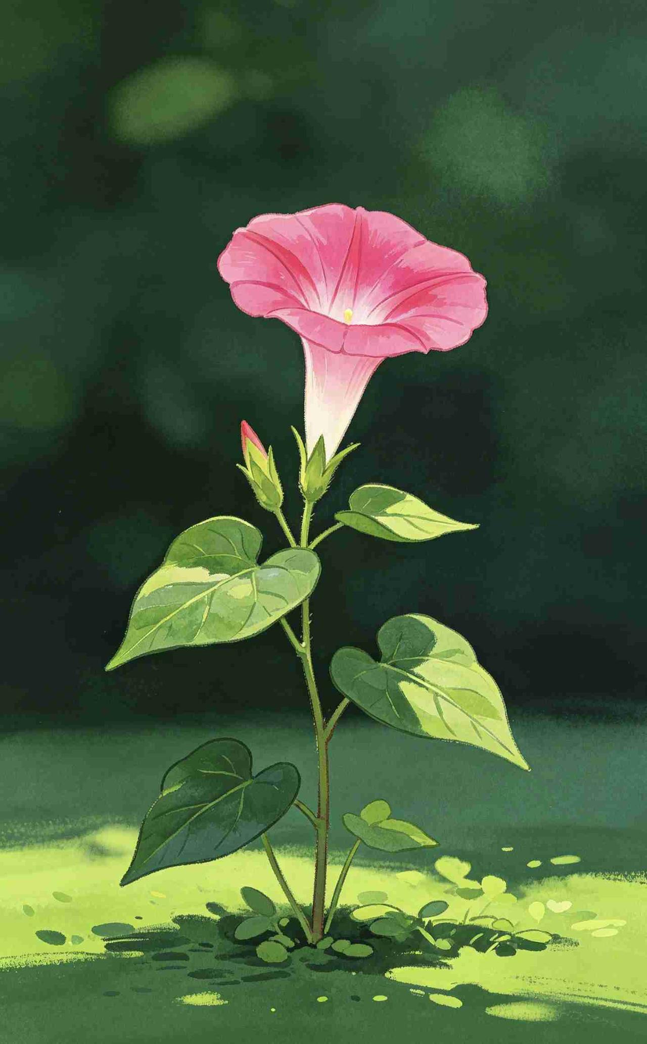 《牵牛花》
 
翠蔓抽芽沐晓光，轻裁粉瓣作穹裳。
朝迎晴露舒柔艳，暗敛芳华待夕阳