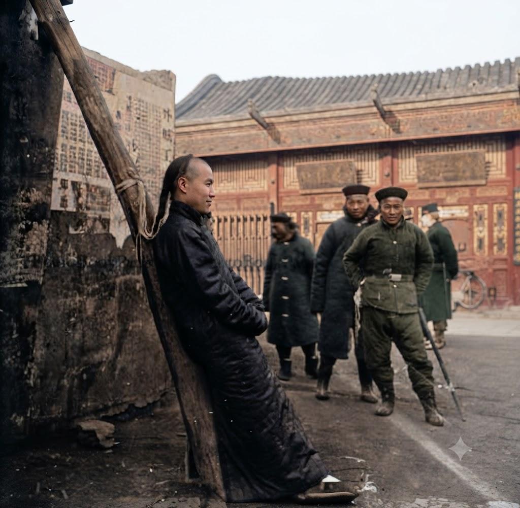 清末街头，一百姓斜靠木杆歇脚，身后是清末首批近代巡警——脱下传统捕快皂衣，换上新