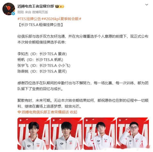 长沙TES官宣景诗帆帆小小飞星河挂牌（话说我真没听说TES转会期的变动唉）TES