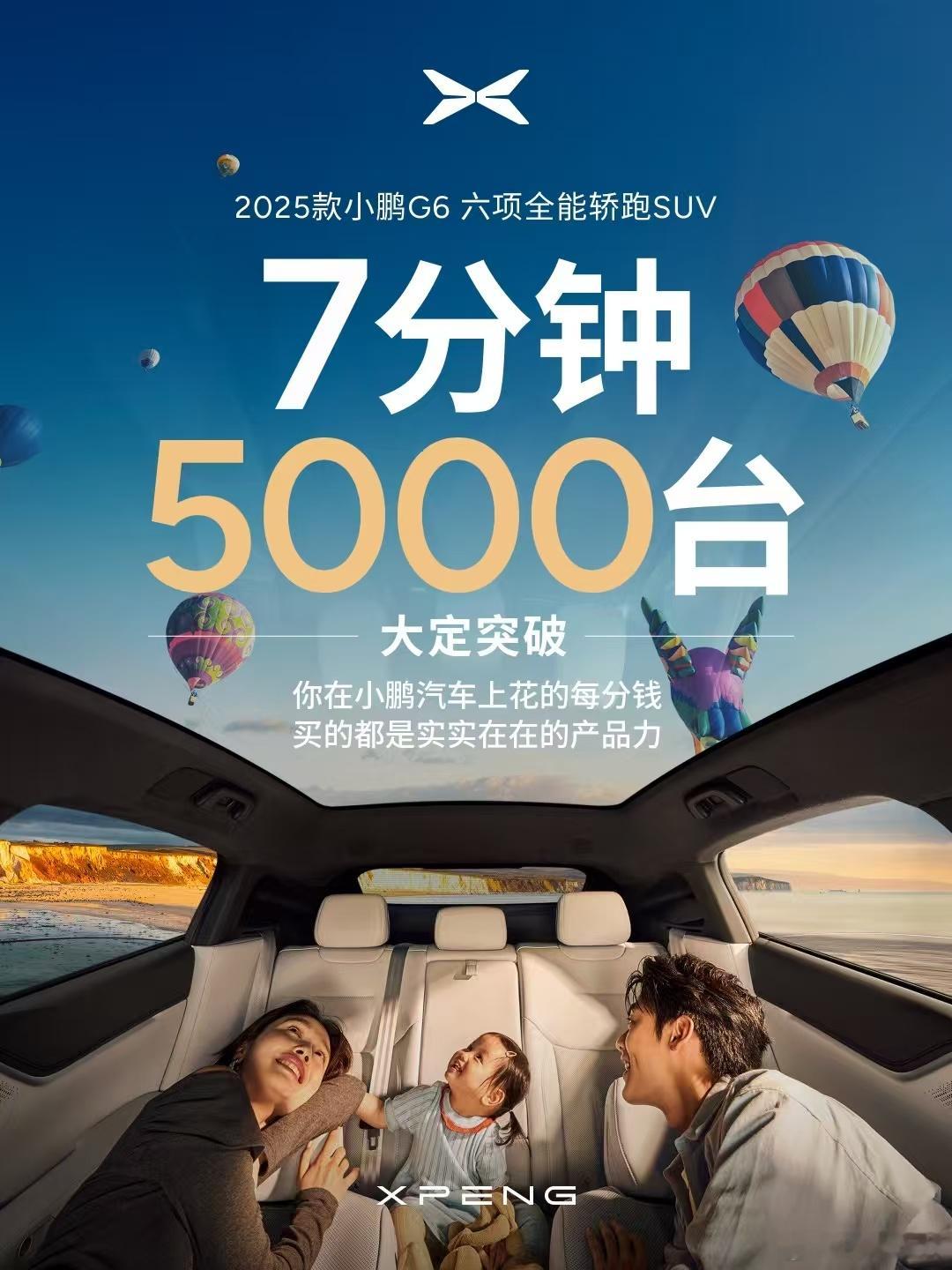 2025款小鹏g6 果然爆了，开售7分钟大定突破5000台。625+超长续航的纯