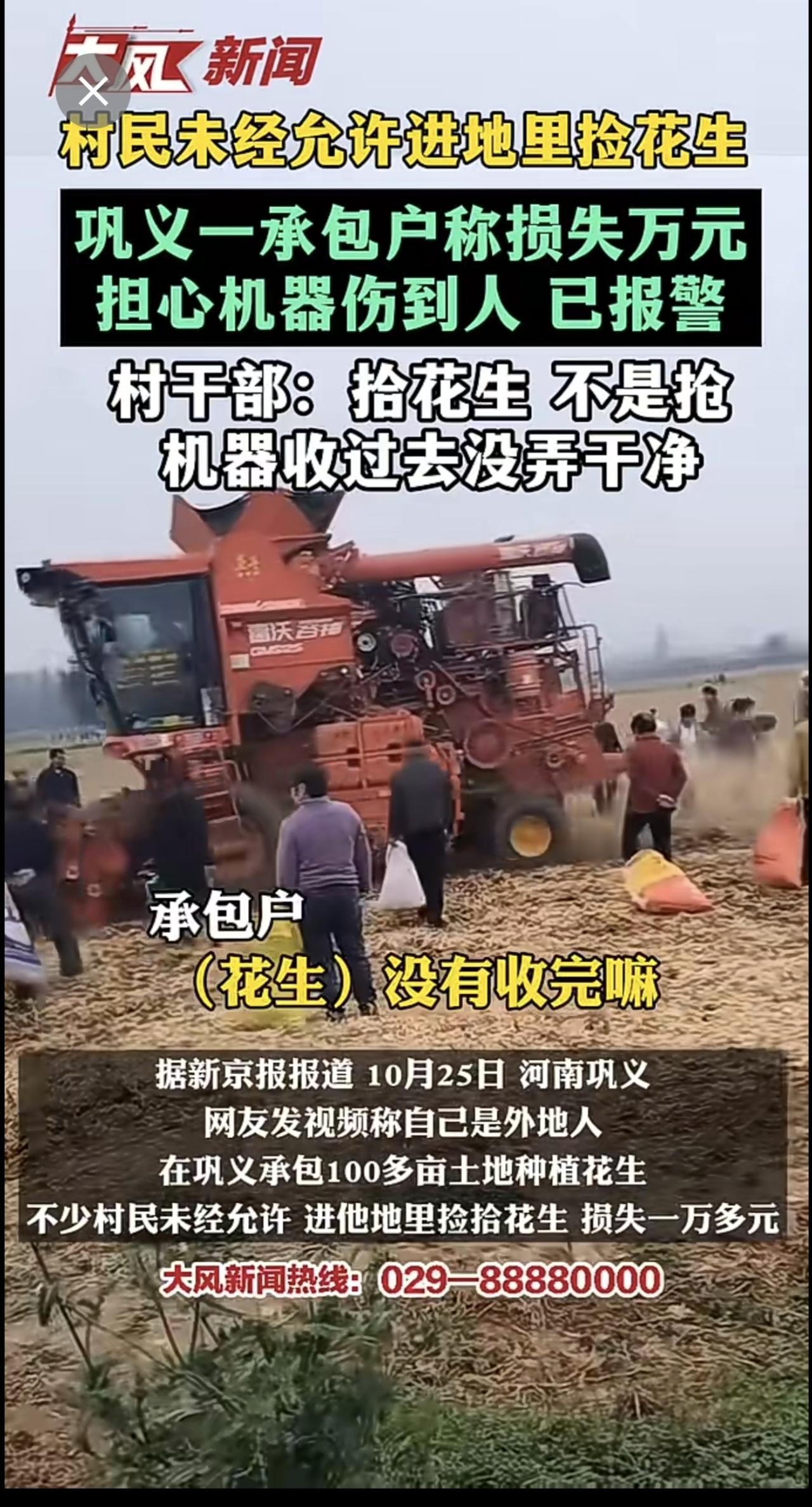 村民未经允许进地里捡花生；巩义一承包户称损失万元，担心机器伤到人 已报警；村干部