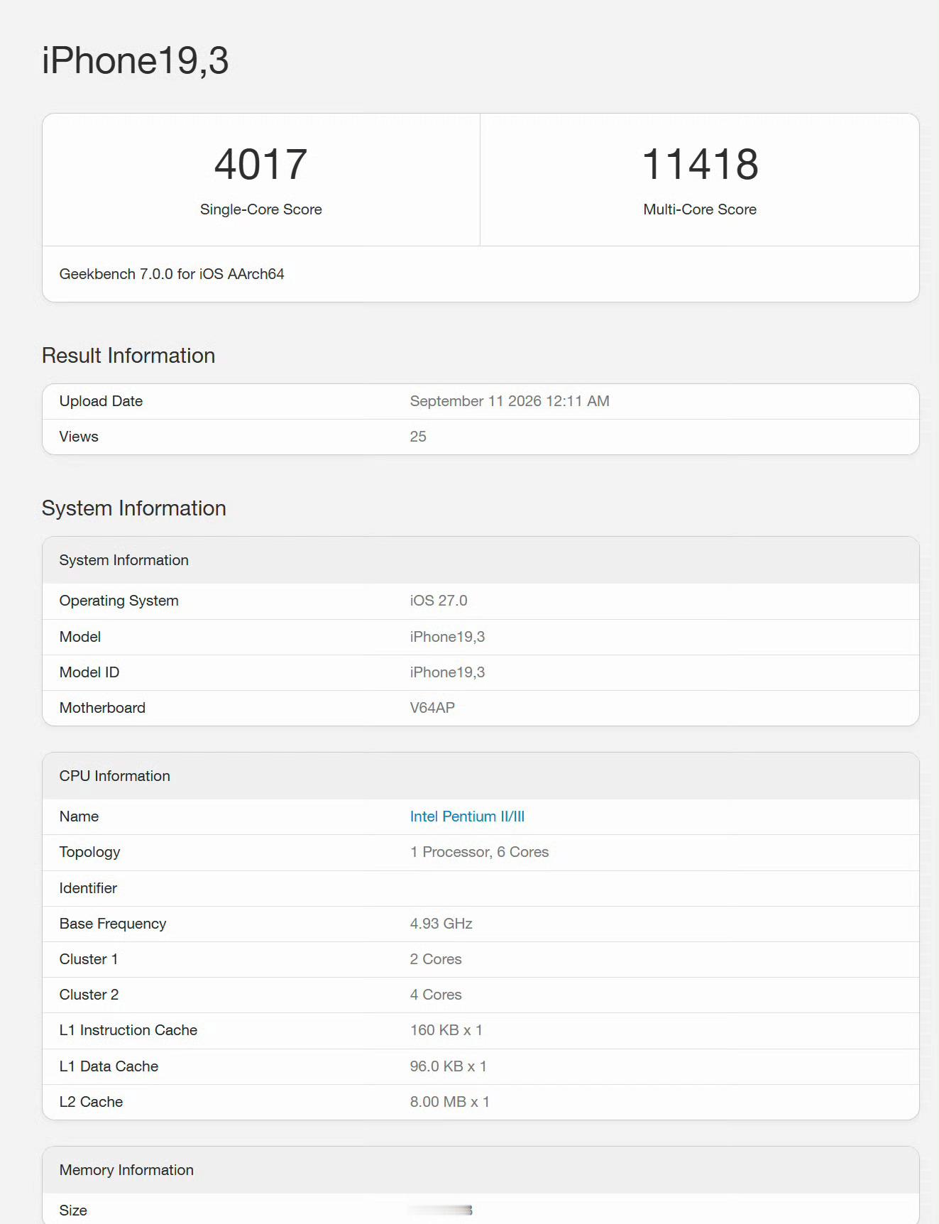 iPhone18 Pro.Max：A20 Pro跑分，单核4000±，多核110