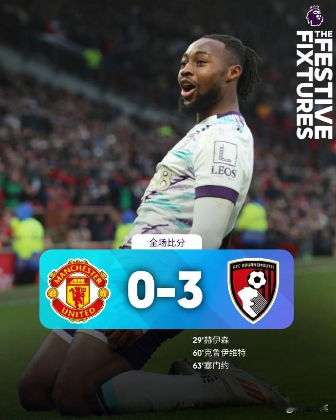 全场比分 | 曼联 0-3 伯恩茅斯

⚽第29分钟，赫伊森禁区中路头球破门。