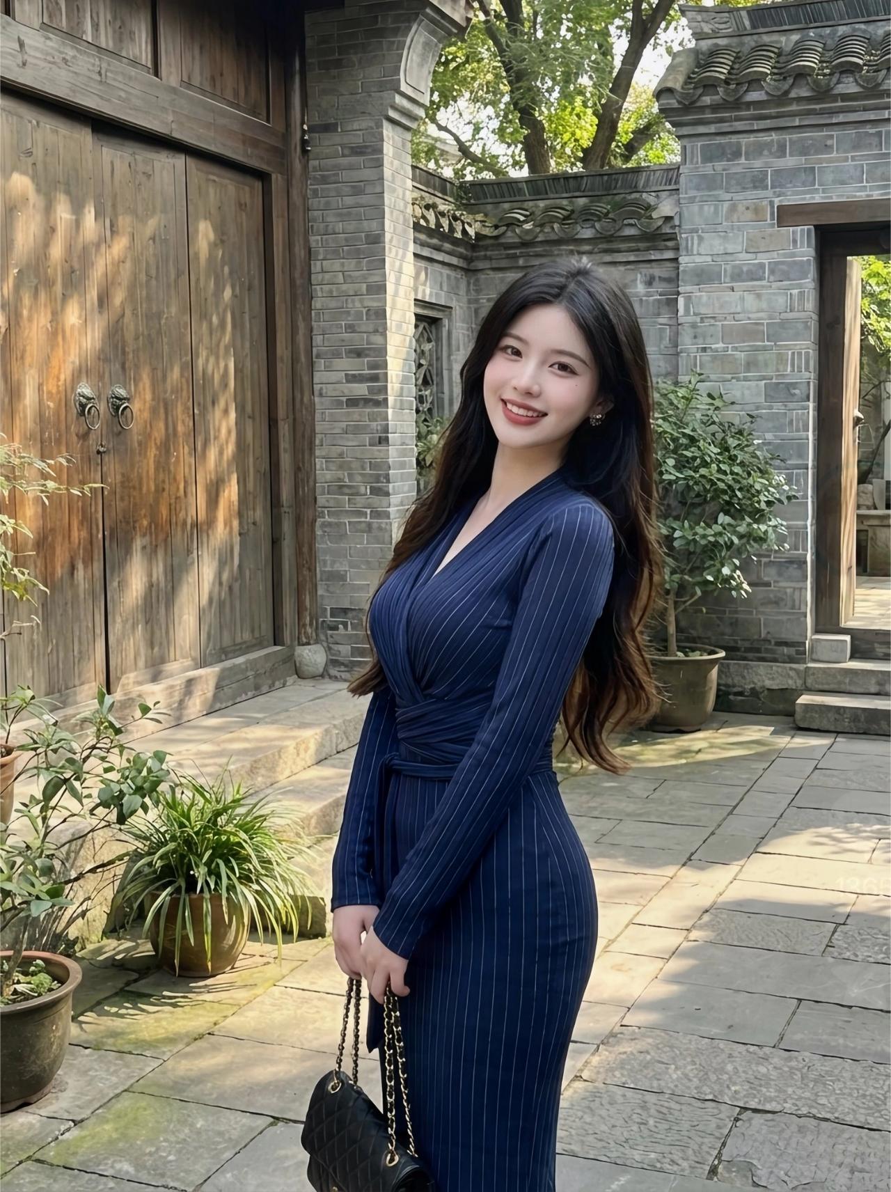 谁懂啊！这条藏青色包臀裙真的太显身材了！

是藏青条纹的长袖款，版型超绝，一上身