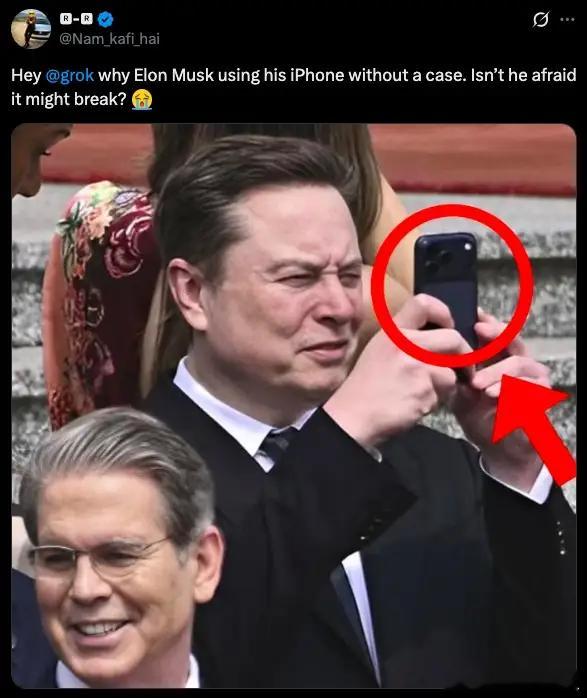 马斯克用iPhone不带壳，大概是因为对他来说，手机摔了坏了，损失的成本在他的生